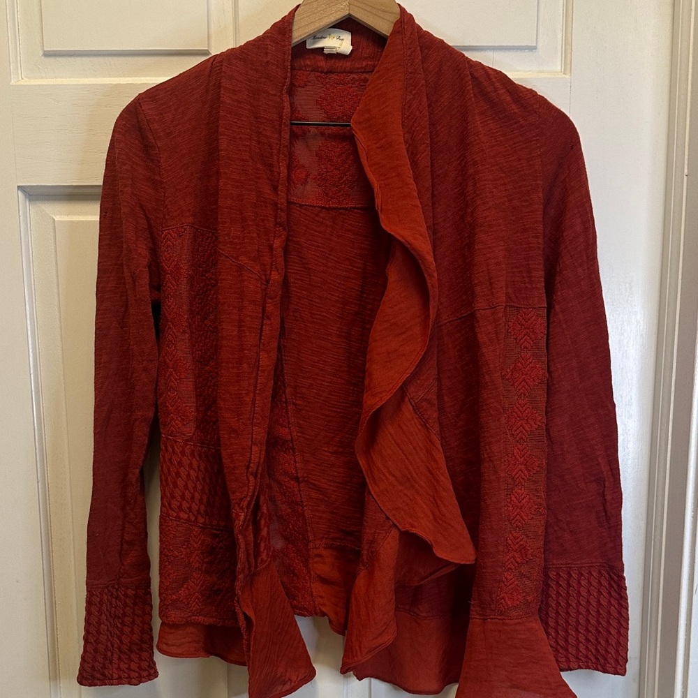 Meadow Rue Anthropologie Red Lace Patchwork Ruffle Open Front Cardigan M